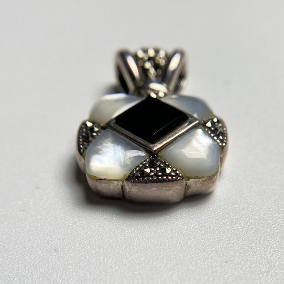 NF 925 Sterling Silver Onyx Mother of Pearl Marcasite Pendant - Picture 6 of 12